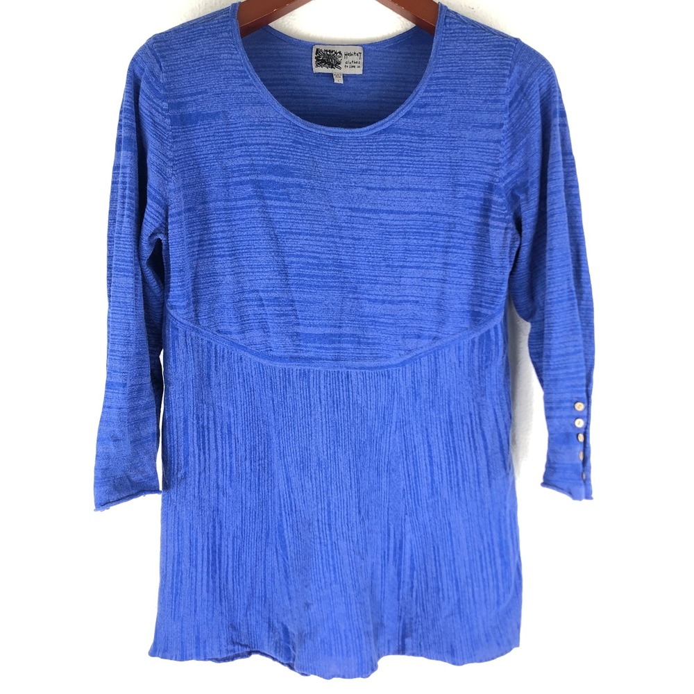 Habitat Clothes to Live In Cobalt Blue Crinkle Cotton 3/4 Sleeve Top L Lagenlook